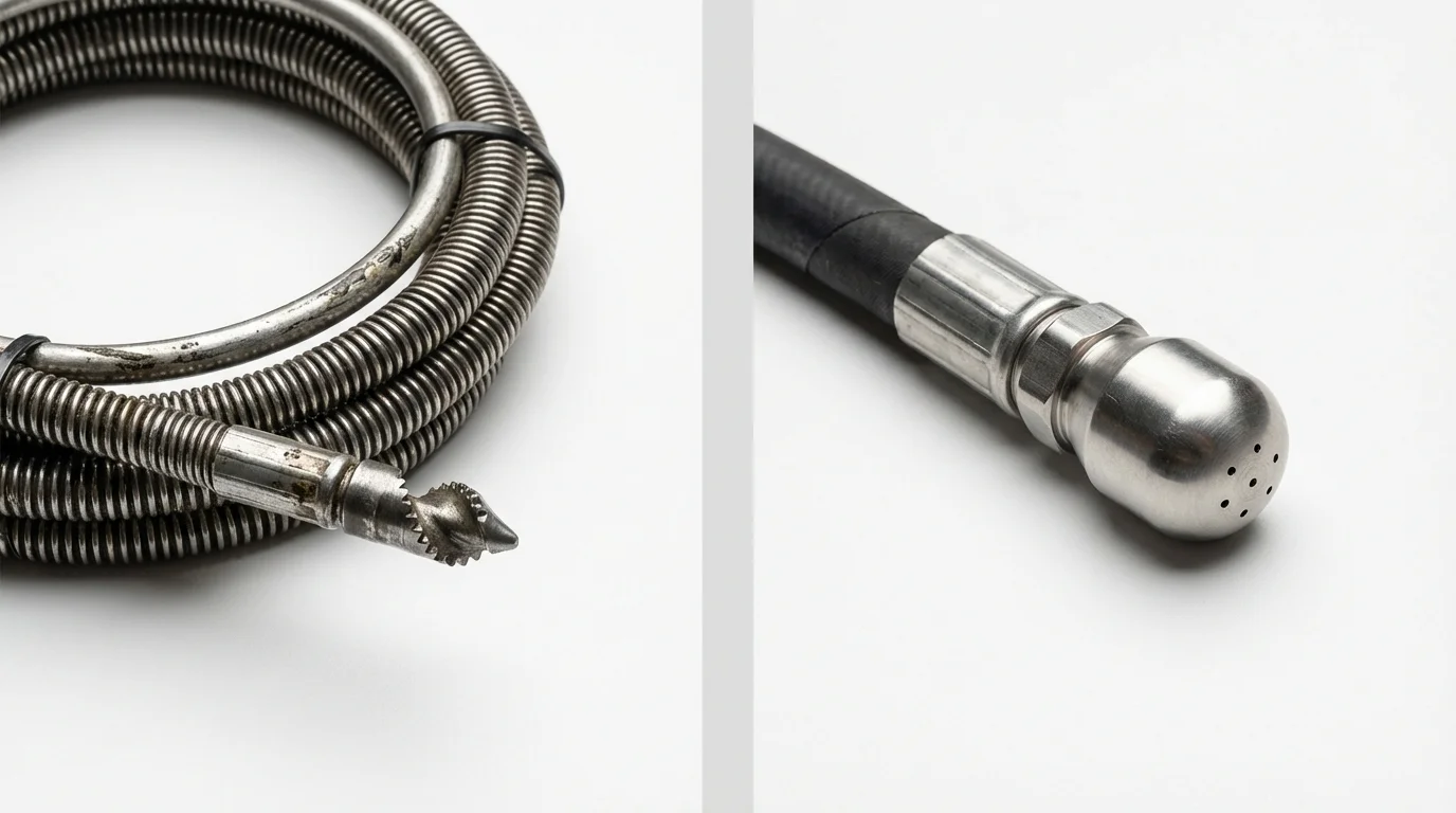 Drain snake cable and hydro jetting nozzle used for drain cleaning in Norwood, MA