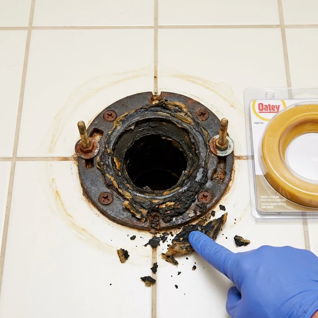 Failed wax ring showing water seepage at the base of a toilet in a Norwood, MA home