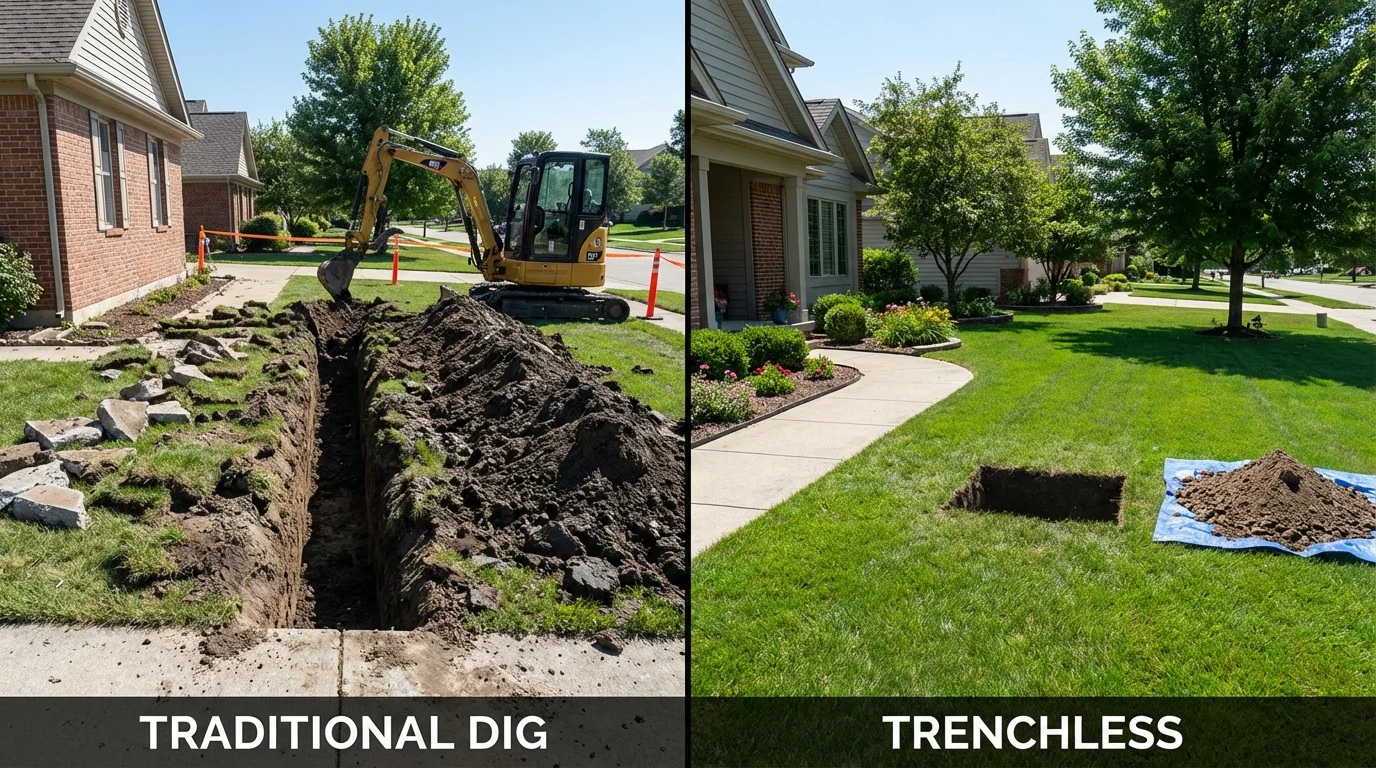 Trenchless sewer repair with minimal yard damage versus traditional excavation in Norwood, MA