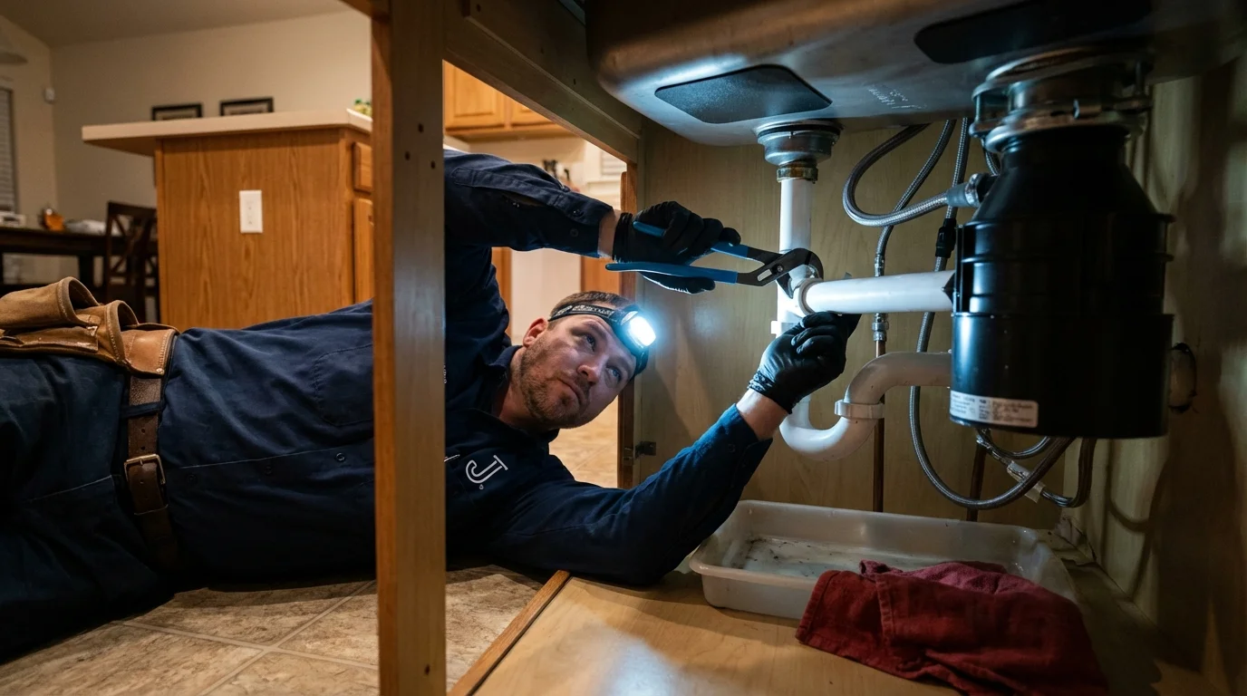 P-trap and supply line connections under a kitchen sink showing a common leak point in Norwood, MA